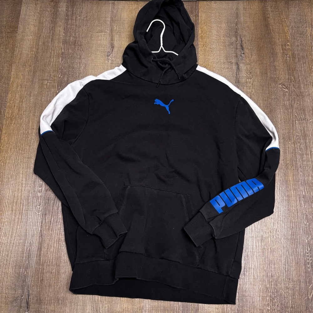 Puma Men's Black Hoodie with Blue and White Details